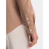 Ombre Men's linen shirt with stand-up collar and pocket REGULAR FIT - light brown | Shoptok.si