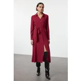Trendyol Burgundy Belted Viscose Midi Woven Dress