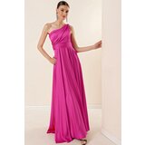 By Saygı One-Shoulder Long Evening Crepe Satin Dress With Draping and Lining. Cene