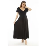 Şans Women's Plus Size Black Wrapover Collar Sleeve Elastic Detailed Long Dress Cene