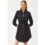 Olalook Women's Black Pocket Tie Waist Stone Detailed Shirt Dress