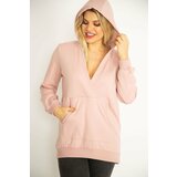 Şans Women's Plus Size Pink Inner Raising 2 Thread Fabric Wrapped Collar Hooded Sweatshirt Cene