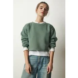 Happiness İstanbul Women's Almond Green Crew Neck Raised Crop Knitted Sweatshirt