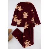 Trendyol Claret Red Teddy Bear Wellsoft Knitted Pajama Set
