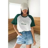 K&H TWENTY-ONE Women's Cotton White with Sleeves Green Sports Printed Crewneck Oversize Boyfriend T-shirt.