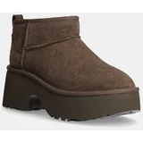 Ugg Gležnječe od brušene kože Classic Ultra Mini New Heights za žene, boja: smeđa, s debelom potpeticom, s toplom podstavom, 1158311-HCK