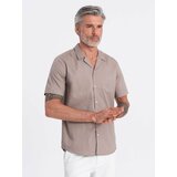 Ombre Men's short sleeve shirt with Cuban collar - dark beige cene