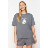 Trendyol Gray Melange Animal Single Jersey Knitted Pajama Set Cene