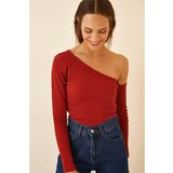 Happiness İstanbul Women's Tile Open Shoulder Corduroy Knitted Blouse Cene