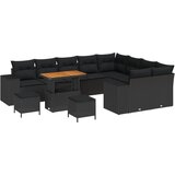 vidaXL Set vrtnih sofa od 12 dijelova s jastučićima Crna Poli Ratan Acacia, Set vrtnih stolica od 3 dijela s jastučićima Crna Poli Ratan Acacia Cijene