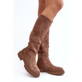 EVENTO Women's Quilted Knee-High Boots Brown Heliofa Cene