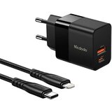 McDodo Stenski polnilec CH-1952 USB + USB-C, 20W + USB-C na Lightning kabel (črn), (20633343) | Shoptok.si