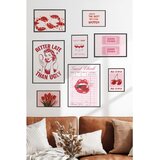 Wallxpert set od 8 uramljenih slika Çgs-054, retro motivi u roze i crvenoj – pin-up žena, usne, trešnje, tulipani i karte, crni ram | Eponuda.com