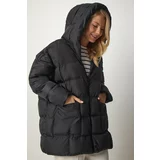 Happiness İstanbul Women's Black Oversized Puffy Coat with Hood