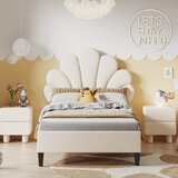 Generic Otroška postelja 90x200 cm z vzglavjem v obliki rože, žametno oblazinjena, bež barva, (21611582) | Shoptok.si