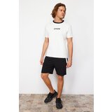Trendyol Ecru-Black Men's Regular/Normal Cut Fluffy Letter Print T-Shirt-Shorts Tracksuit Set | ePonuda.com