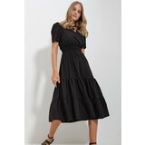 Trend Alaçatı Stili Women's Black Double Breasted Waist Guiped Flounced Woven Poplin Dress Cene