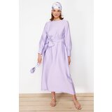 Trendyol Lilac Belted Unlined Plain Woven Linen Aerobin Hijab Dress Cene