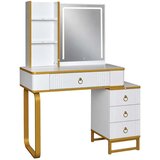  Kozmetički toaletni stolić s LED ogledalom, rasvjetom, ormarićem i stolicom – bijelo-zlatni | shoptok.hr