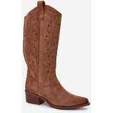 Boto Cowboy Boots With Perforated Pattern On Low Heel Khaki Selirae | shoptok.hr