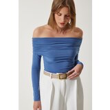  Women&#039;s Indigo Blue Off-the-Shoulder Shirring Detailed Blouse cene