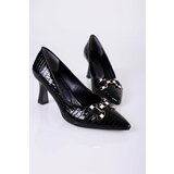 Shoeberry Women's Sadie Black Crocodile Patent Leather Heeled Shoes Stiletto cene