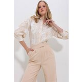 Trend Alaçatı Stili Women's Beige Paisley Patterned Balloon Sleeve Linen Shirt Cene