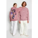 Trendyol Dried Rose Unisex Oversize Wash-Effect Hooded 100% Cotton Space Print Sweatshirt.