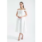 Lafaba Women's White Strappy Flared Cut Midi Evening Dress