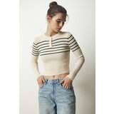  Women's Cream Black Buttoned Collar Ribbed Crop Knitwear Blouse | Shoptok.si