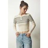  Women's Cream Black Buttoned Collar Ribbed Crop Knitwear Blouse