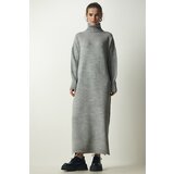 Happiness İstanbul Women's Gray Turtleneck Slit Oversize Knitwear Dress Cene
