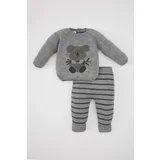 Defacto Baby Boy Long Sleeve Printed Knitwear Sweater Striped Bottom 2-Piece Set