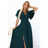 Numoco 581-8 JENNIFER long dress with a leg slit, sleeves and a neckline - bottle green | Shoptok.si