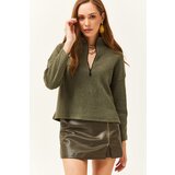 Olalook Women's Khaki Zipper High Neck Raised Sweater