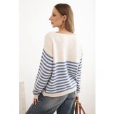 Kesi Włoski Women's striped sweater with heart, mohair and V-neck, denim color | shoptok.hr