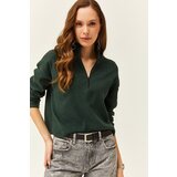 Olalook Women's Emerald Green Zipper High Neck Raised Sweater | shoptok.hr