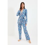 Trendyol Blue Floral Patterned Double Breasted Knitted Pajamas Set Cene