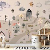  Foto tapeta - Scandinavian Valley - Village in Pastel Colours Painted in Watercolours 490x350 Samoljepljiva | shoptok.hr