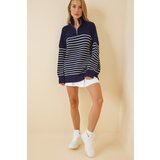  Women's Navy Blue White Zippered Stand Up Collar Striped Oversize Sweater Cene
