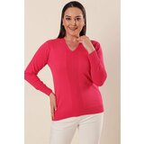 By Saygı V-Neck Hole Work Detailed Plus Size Acrylic Sweater Pink Cene