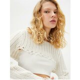 Koton Frayed Openwork Crop Sweater Long Sleeve Round Neck Cene