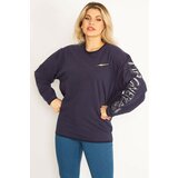Şans Women's Plus Size Navy Blue Cotton Fabric Sleeve Appliqué Sweatshirt cene