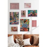 Wallxpert set od 8 manjih uramljenih slika Çgs-077, šareni enterijeri, žena u cvetnoj bašti, fotoaparat i mašne u roze tonovima, beli ram Cene