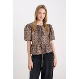 Defacto Regular Fit Round Neck Leopard Printed Front Tie Poplin Short Sleeve Blouse cene