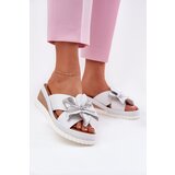 ARTIKER Leather Women's Slippers On Wedge With Decorative Flower White-Silver | Shoptok.si