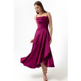 Lafaba Women's Plum Satin Midi Length Evening Dress & Prom Dress with a slit. Cene