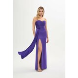 Carmen Purple Decollete Slit Satin Evening Dress cene