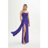 Carmen Purple Decollete Slit Satin Evening Dress