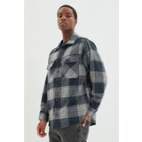Trendyol navy blue men's oversize shirt collar double flap pockets lumberjack plaid shirt Cene